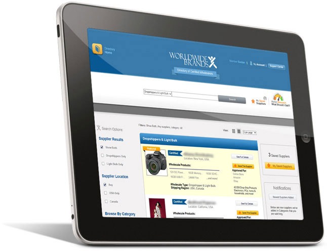 Close-up of an iPad displaying the Worldwide Brands Wholesaler Directory, showcasing the user-friendly interface and comprehensive wholesale supplier listings.